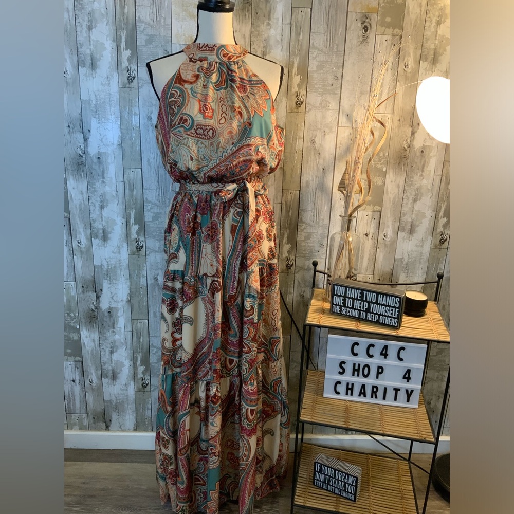 Paisley Halter Maxi Dress in Teal and Rust